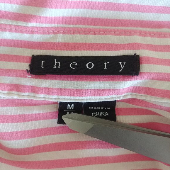 Theory Womens Medium pink white striped button down shirt blouse cotton - Picture 14 of 16